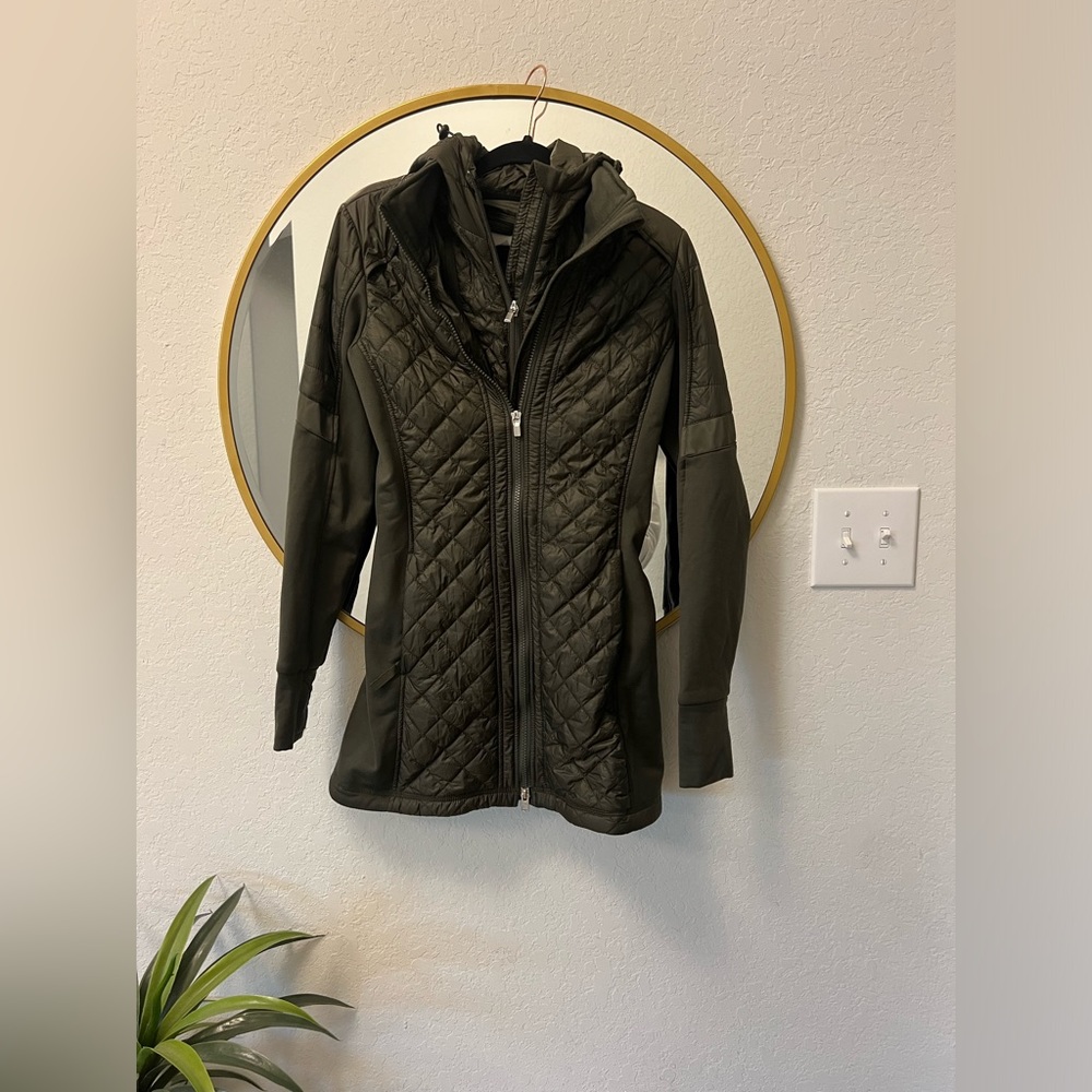 Athleta quilted double zip jacket- olive green